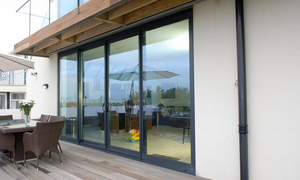 Grey aluminium sliding patio door