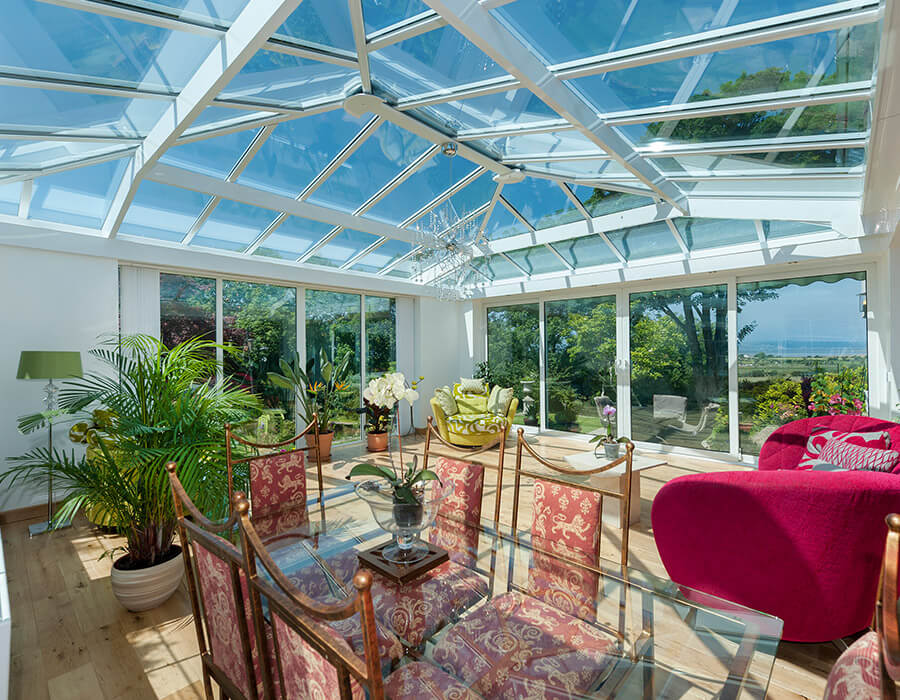 Orangery interior with a full glass roof