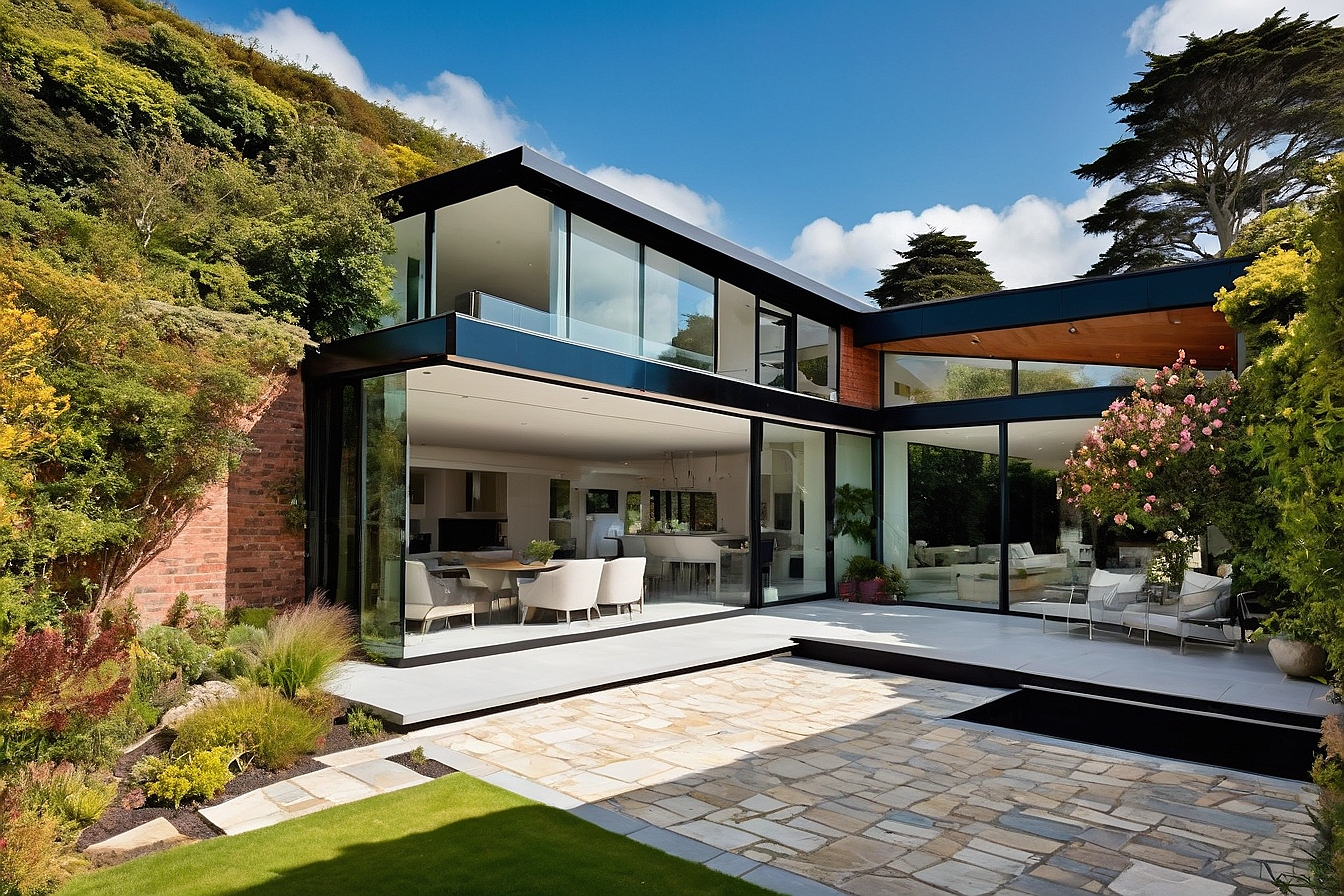 Exterior view of a modern brick house with a sleek glass extension in South Devon. The extension features floor-to-ceiling glass panels framed in bold black metal, seamlessly integrating with the house's architecture. The surrounding garden is lush and vibrant with various plants and flowers. The bright sunlight highlights the contemporary design and energy-efficient double-glazed windows, reflecting the beauty of English summertime.