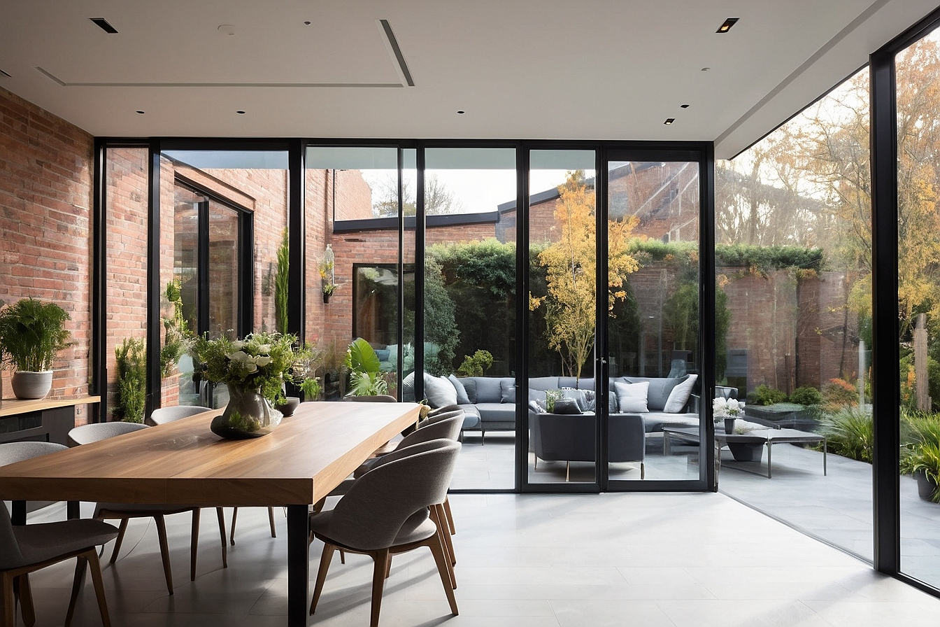 Interior view of a modern glass extension attached to a brick house, featuring large clear glass panels framed in sleek black metal. The space includes a wooden dining table with grey upholstered chairs, and opens up to a beautifully landscaped garden with various plants and flowers. The scene is filled with natural light, highlighting the contemporary design and energy-efficient double-glazed windows.