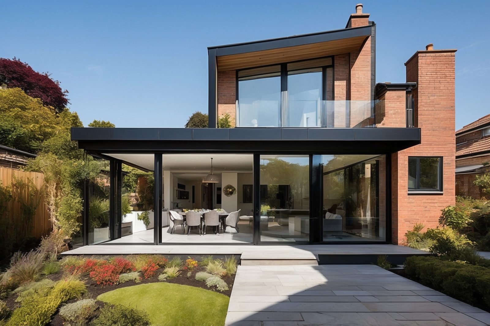 A modern glass extension on a brick house featuring large, clear glass panels framed in black metal. The extension opens up to a beautifully landscaped garden with various plants and flowers. The interior of the extension includes a dining area with grey upholstered chairs and a large dining table. The house showcases a blend of contemporary design and natural elements, with an upper floor featuring additional glass elements and a spacious balcony.