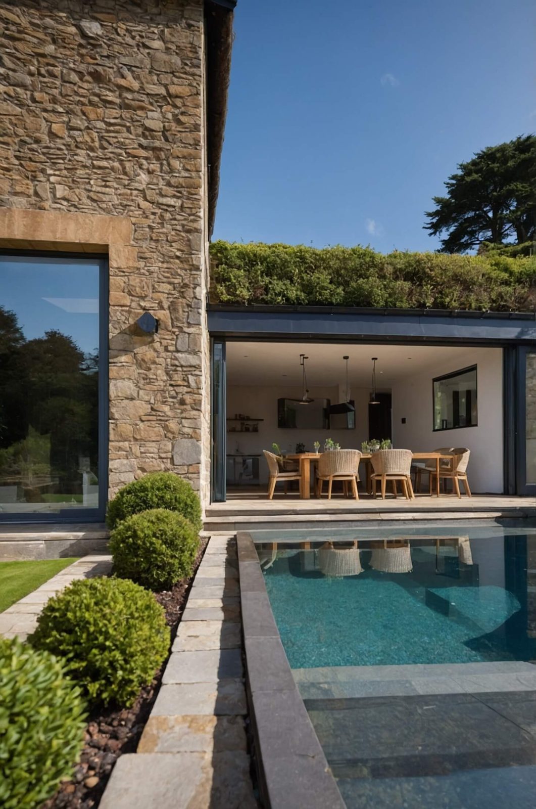 Traditional Devon home with a modern anthracite extension and outdoor dining area by the pool.