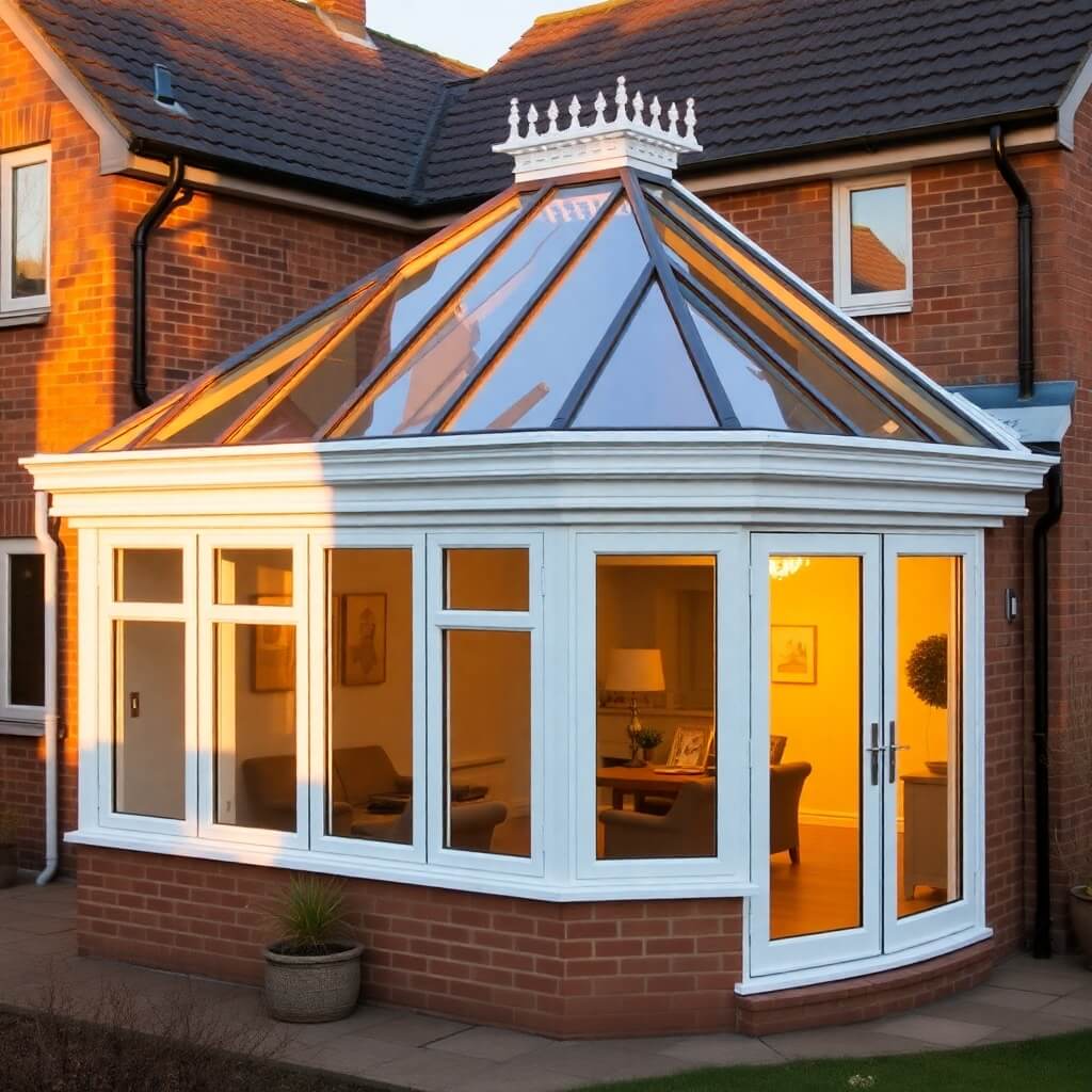 Elegant white uPVC orangery with a Georgian-style glass lantern roof, large windows, and French doors, attached to a red brick house in Newton Abbot, bathed in warm evening light.