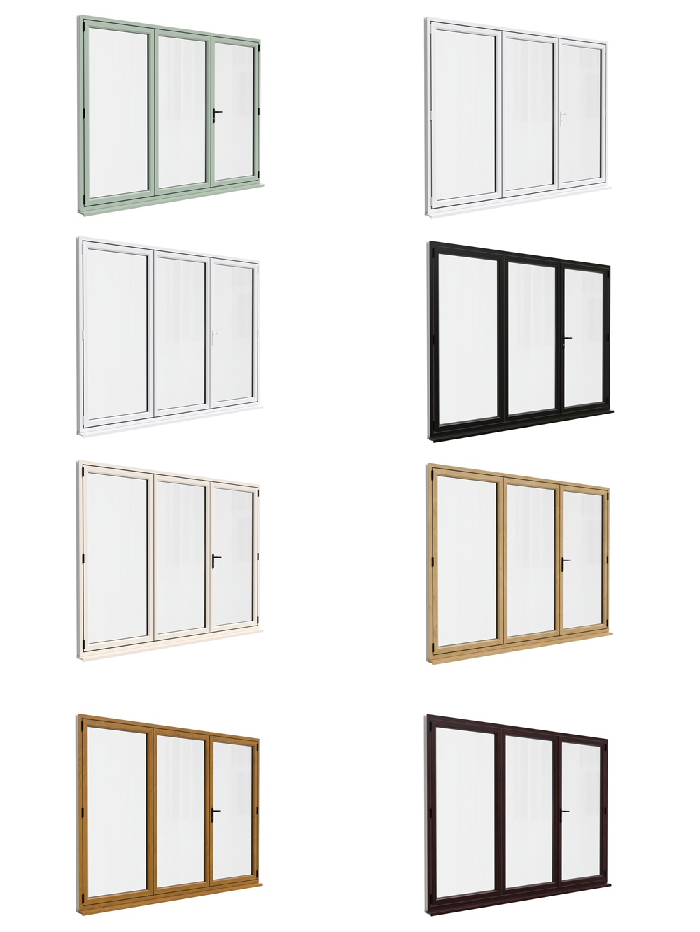 A selection of Alumina aluminium bifold doors in various colours, including white, black, cream, woodgrain, and green, showcasing customisation options.