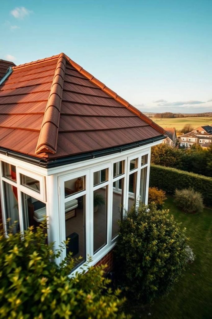 Bird’s eye view of a white-framed conservatory with a newly installed tiled roof on a detached house in South Devon, surrounded by green countryside.