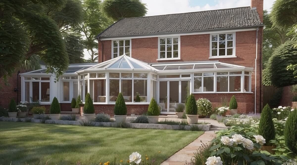 White uPVC T-shaped conservatory with gable-front and casement windows in a landscaped British garden in Newton Abbot